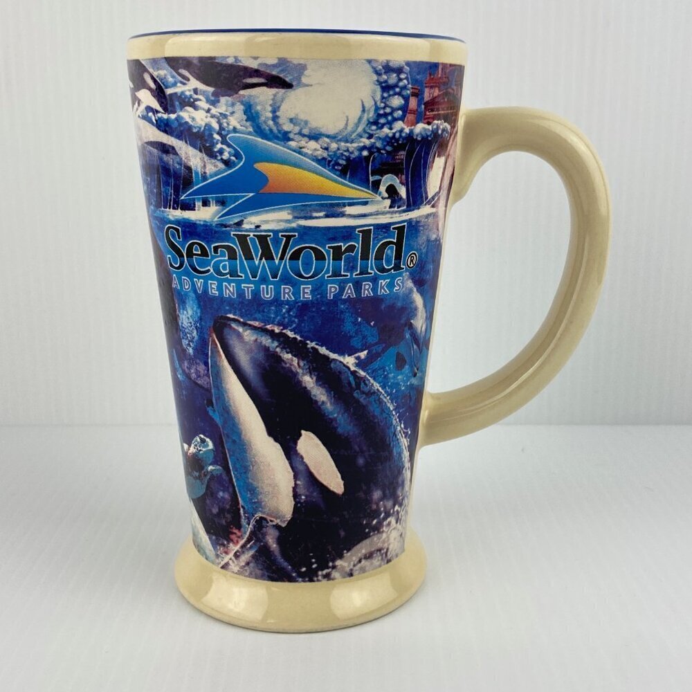 SeaWorld Tall Coffee Mug 16 oz Blue Whale Dolphin Seal Lion Artwork
